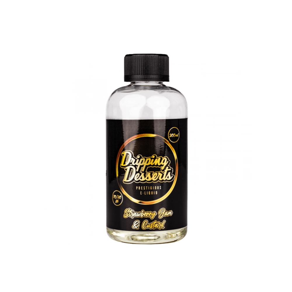 Dripping Desserts Strawberry Jam & Custard 200ml e-liquid bottle with black and gold label.