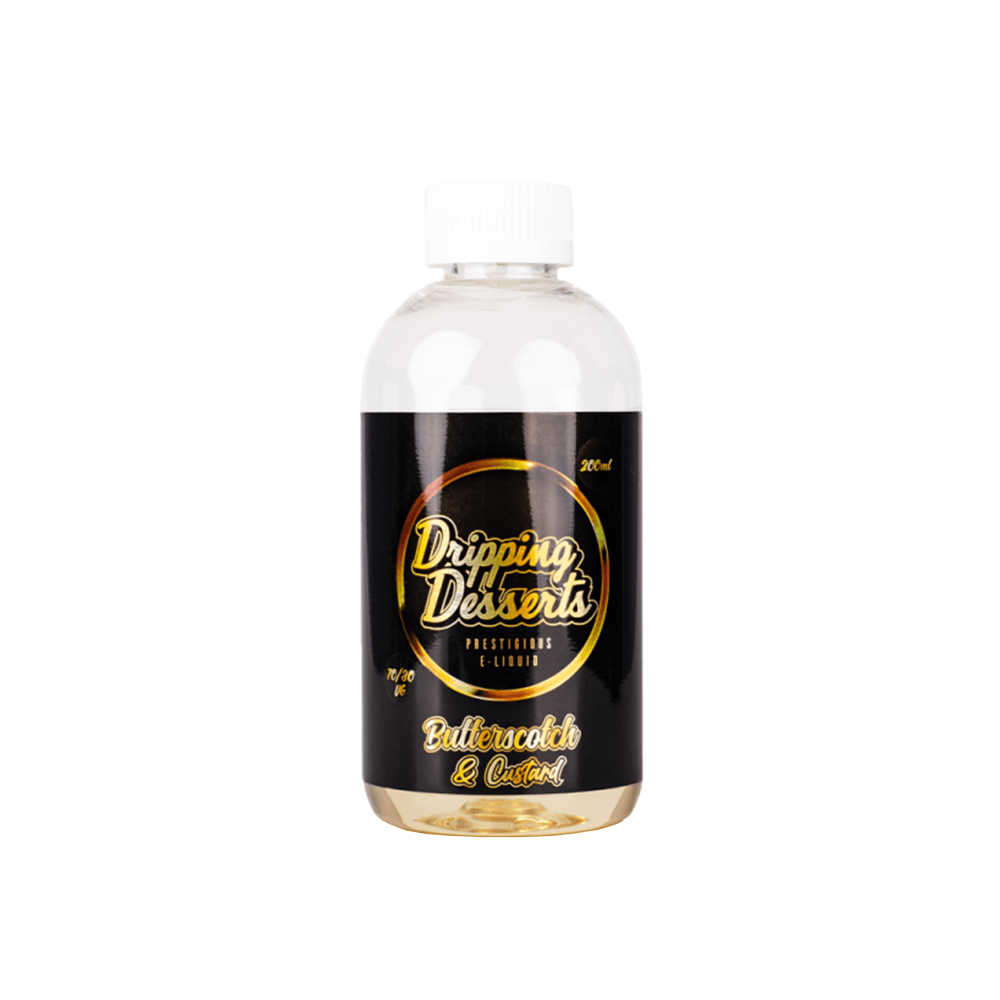 Dripping Desserts Butterscotch & Custard 200ml e-liquid bottle with black and gold label.