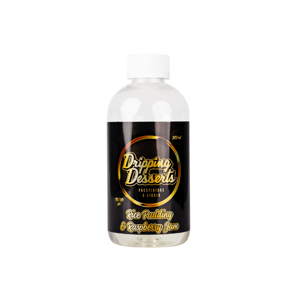 Dripping Desserts vape juice bottle, Rice Pudding & Raspberry Jam flavour, 200ml.