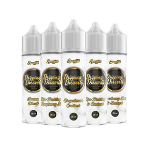 A collection of five Dripping Desserts 60ml e-liquid bottles displayed side-by-side. Each bottle has a white background with gold and black branding. The flavours shown are Jammy Biscuit, Rice Pudding Raspberry Jam, Gingerbread Custard, Rice Pudding & Custard, and Strawberry Jam & Custard, each labelled with a distinct flavour name and design.