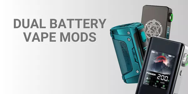 High-power dual battery vape mods featuring a teal GeekVape Aegis Legend 2 and a black Lost Vape Centaurus mod with a large digital display and 200W power output.