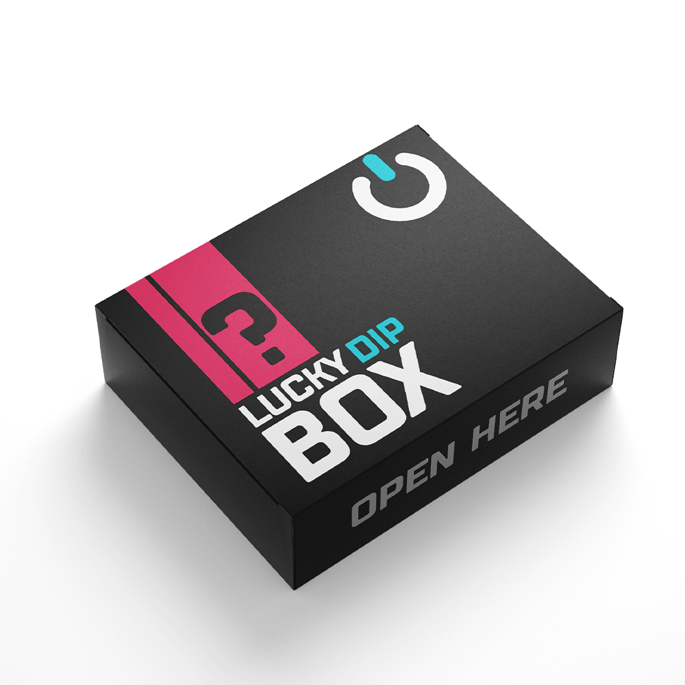 Lucky Dip Box with "Open Here" text on black packaging, featuring a power symbol.