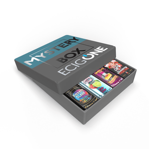 Ecigone Mystery Box with assorted vape shortfills, including brands like Drip Hacks and Nasty Juice.