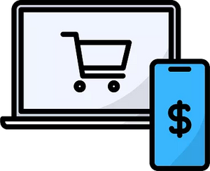 Laptop with shopping cart and mobile phone with dollor sign 