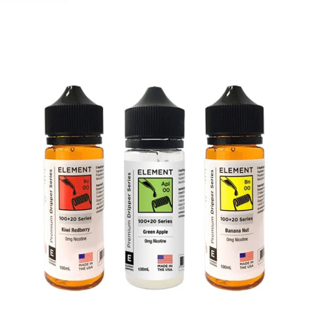 Three Element vape juice bottles: Kiwi Redberry, Green Apple, Banana Nut, 100ml each.