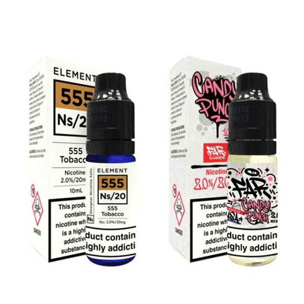 Element 555 Tobacco and Candy Punch e-liquid bottles with packaging, 10ml salt nic.