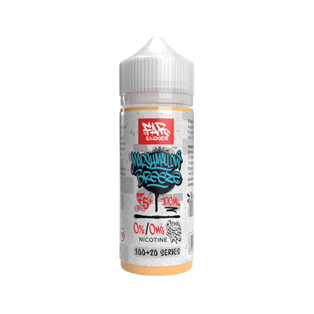 A 100ml bottle of Element Far Marshmallow Breeze e-liquid, 0mg nicotine, with a white cap.