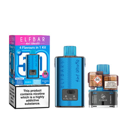 Elf Bar 4 in 1 Ultra 50 Vape Kit with Refill Displayed in front of 3 Flavour Boxes