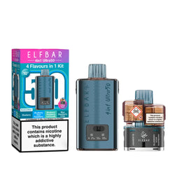 Elf Bar 4 in 1 Ultra 50 Vape Kit with Refill Displayed in front of 3 Flavour Boxes