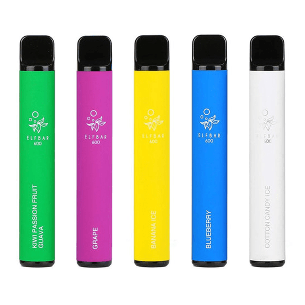 Colourful Elf Bar disposable vapes in various flavours, standing upright.