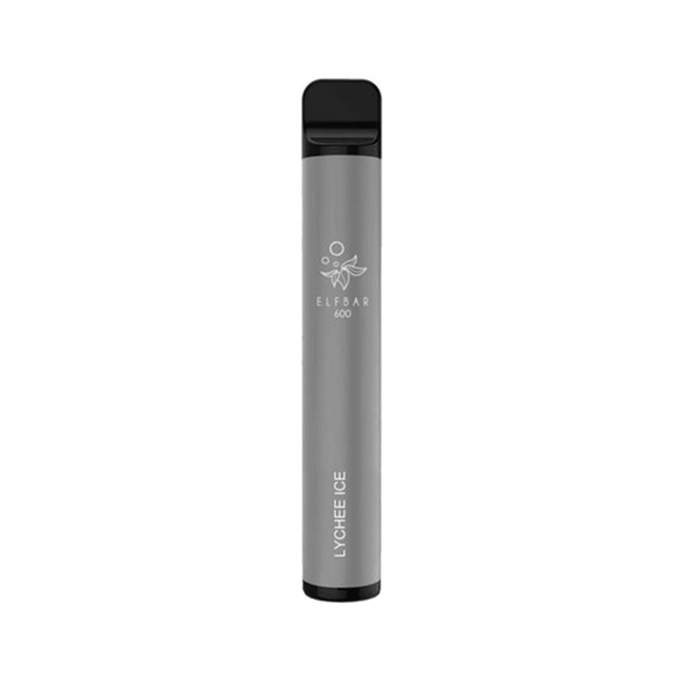 Grey Elf Bar disposable vape pen, 600 puffs, Lychee Ice flavour.