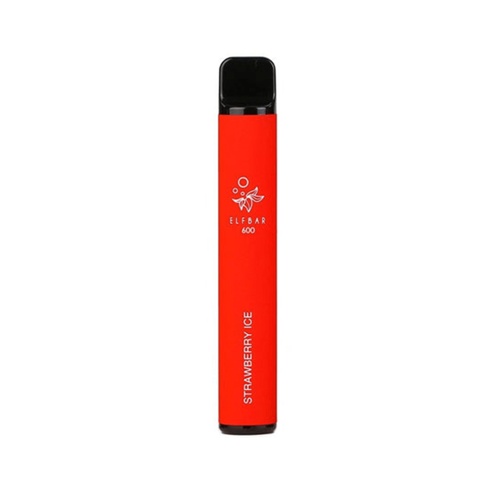 Red Elf Bar 600 disposable vape pen, Strawberry Ice flavour, with logo and text.