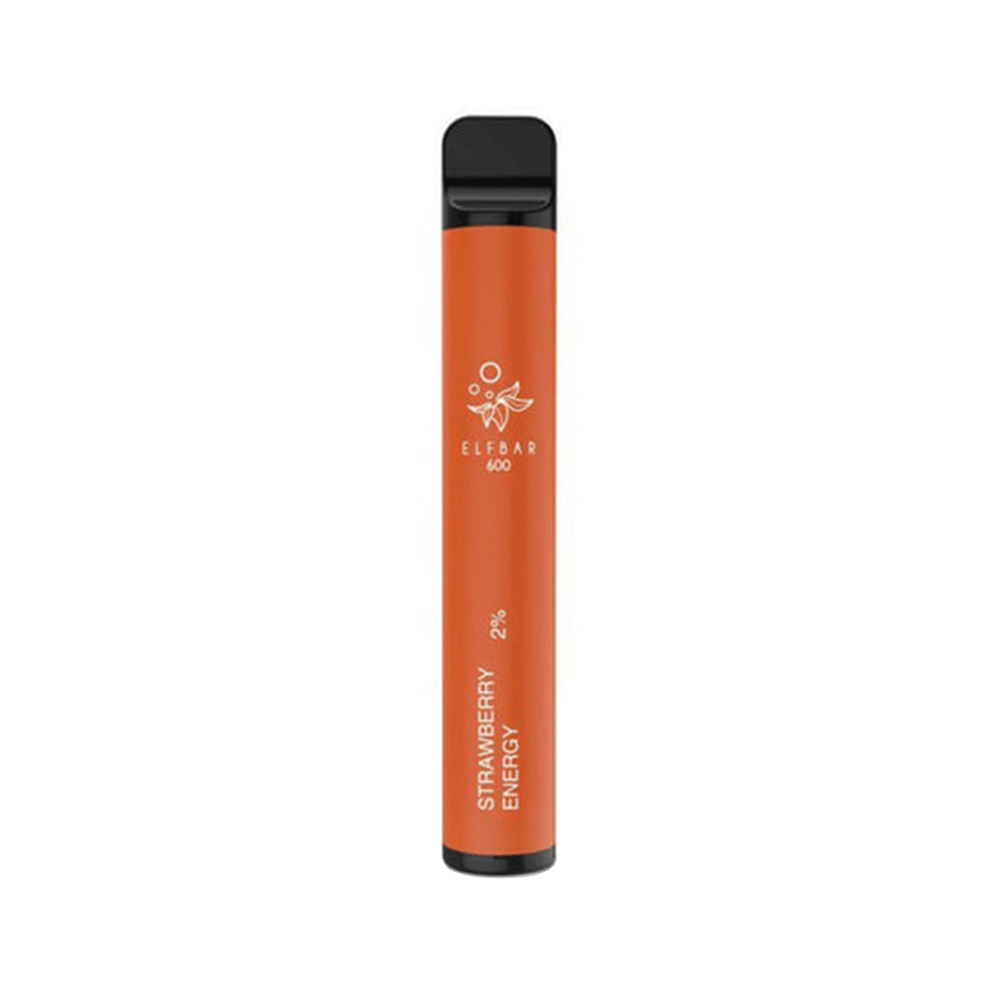 Orange Elf Bar vape pen, 600 puffs, labelled "Strawberry Energy".