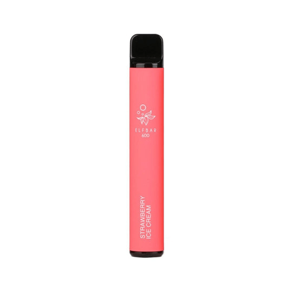 Elf Bar 600 Strawberry Ice Cream disposable vape pen, pink with logo, isolated on white background.