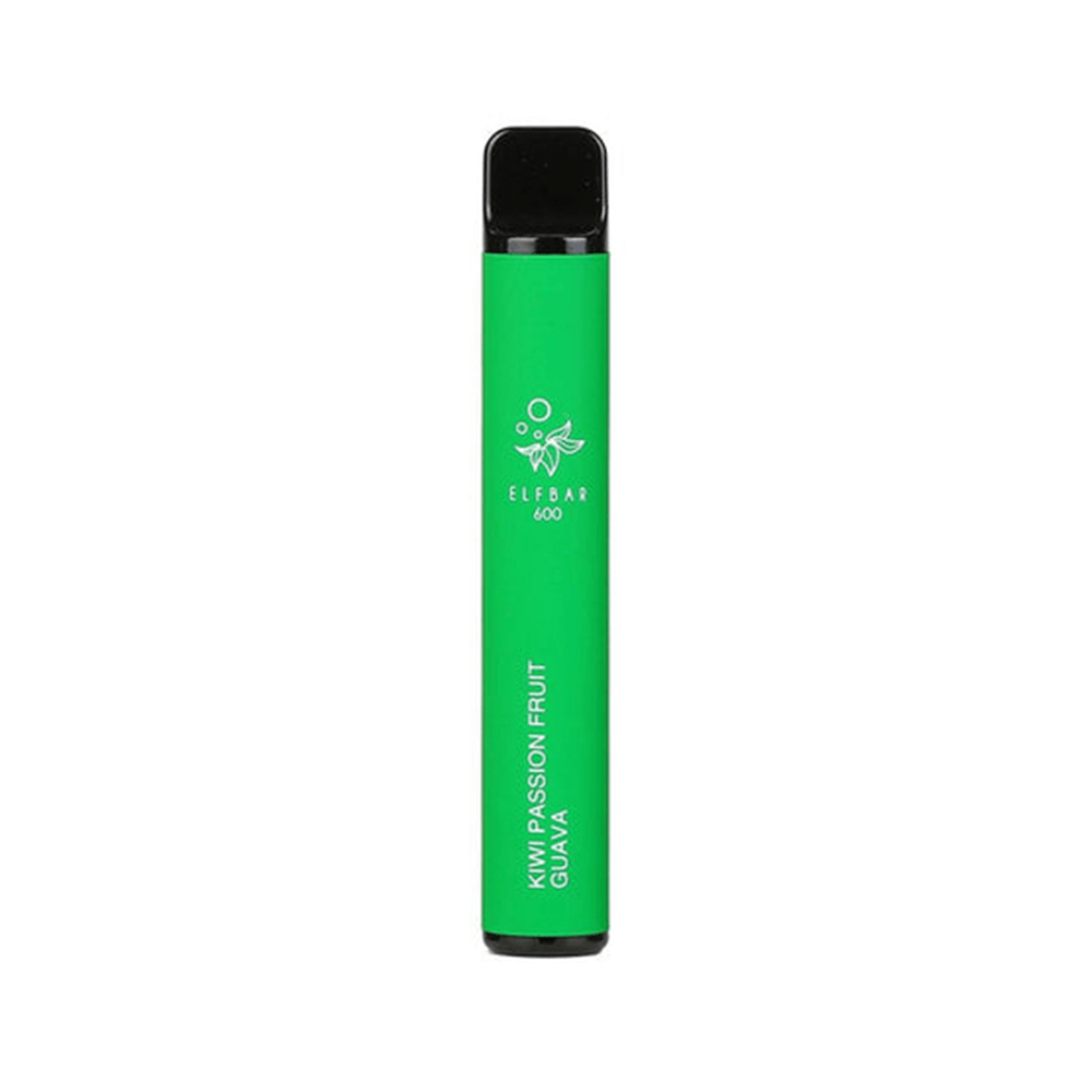 Green Elf Bar vape pen labelled Kiwi Passion Fruit Guava, 600 puffs.