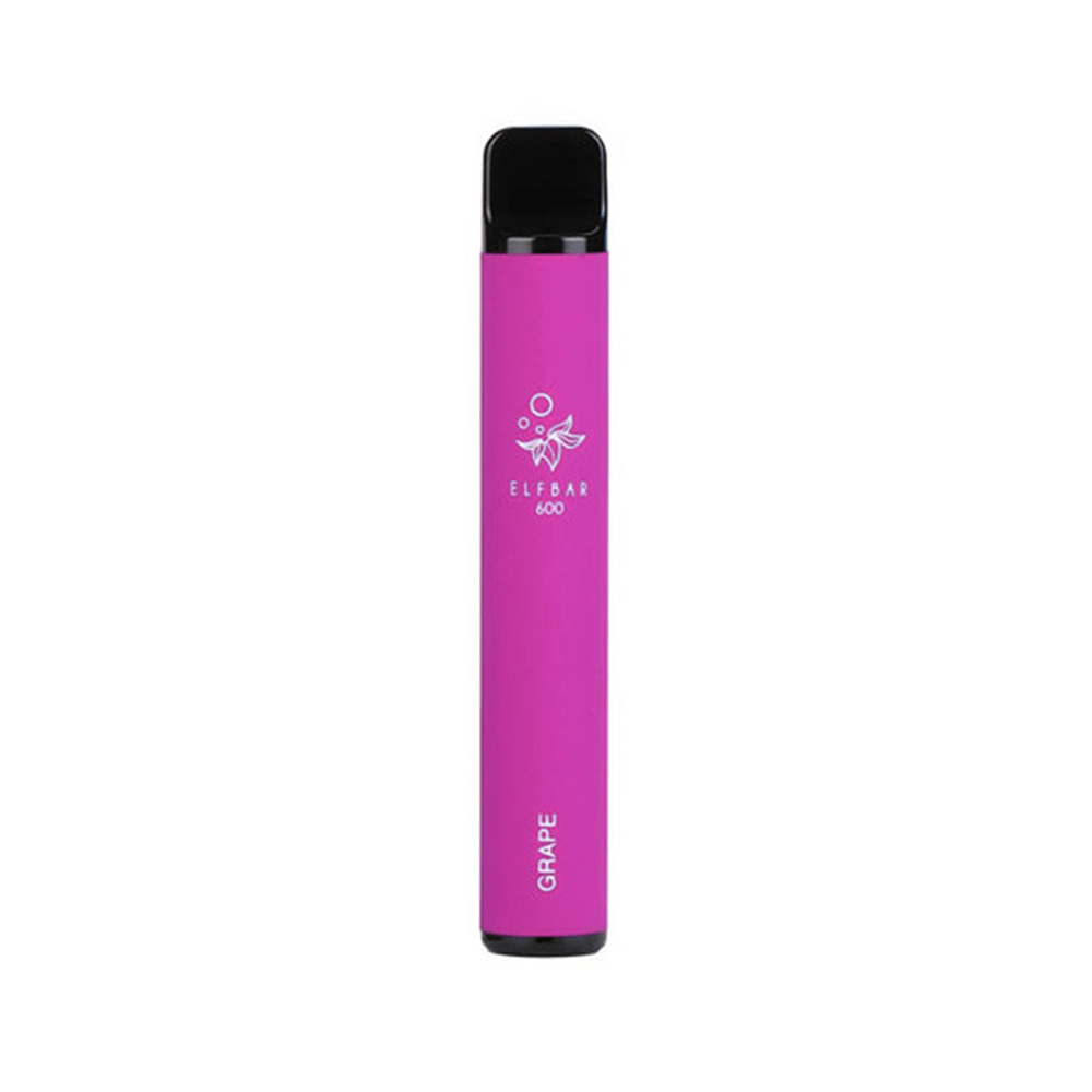 Elf Bar 600 Grape disposable vape pen with pink casing.