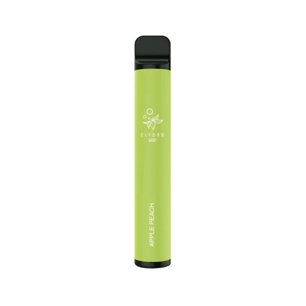 Green Elf Bar disposable vape pen, 600 puffs, labelled "Apple Peach".