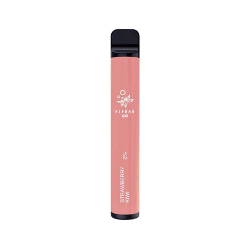 Elf Bar disposable vape pen in pink, labelled "Strawberry Kiwi" with 600 puffs, 2% nicotine.