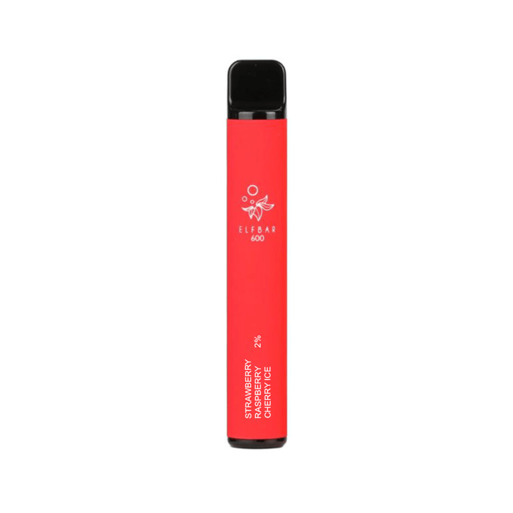 Elf Bar 600 disposable vape in red, Strawberry Raspberry Cherry Ice flavour, 2% nicotine.