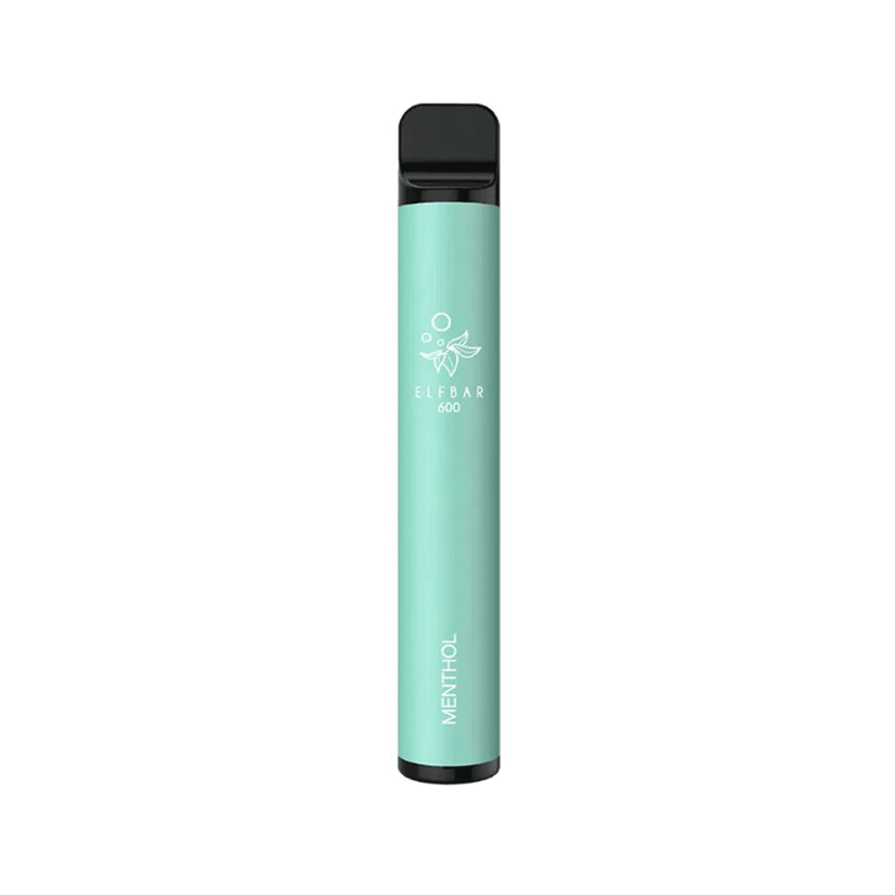 Elf Bar 600 Menthol disposable vape pen, mint green, standing upright.