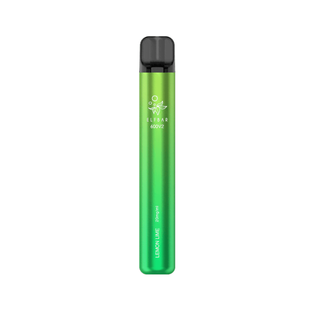 Elf Bar disposable vape pen in green, labelled "Lemon Lime," offering 600 puffs.