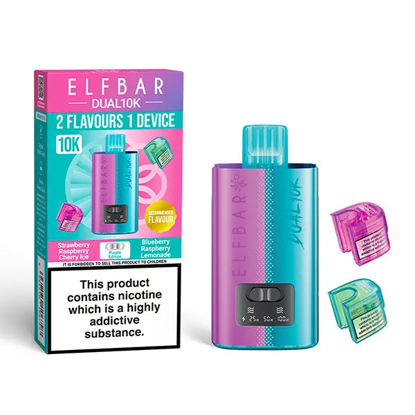 Elf Bar Dual 10K Disposable Kit with dual flavour options, showcasing device, Strawberry Raspberry Cherry Ice and Blueberry Raspberry Lemonade, and packaging with nicotine warning.