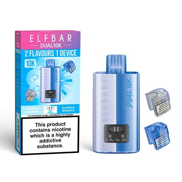 Elf Bar Dual 10K Disposable Kit with dual flavour options, showcasing device, Acai Berry Lemonade and Acai Berry Blueberry pods, and packaging with nicotine warning.