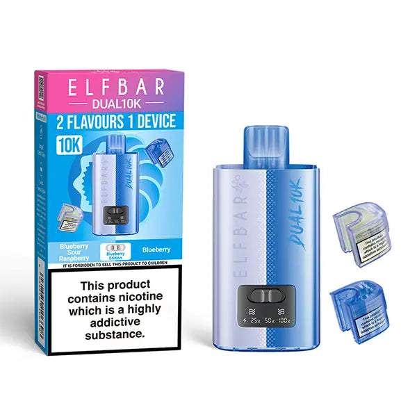 Elf Bar Dual 10K Disposable Kit with dual flavour options, showcasing device, Blueberry Sour Raspberry and Blueberry pods, and packaging with nicotine warning.