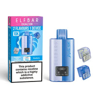 Elf Bar Dual 10K Disposable Kit with dual flavour options, showcasing device, Blueberry Sour Raspberry and Blueberry pods, and packaging with nicotine warning.