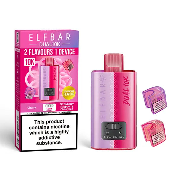 Elf Bar Dual 10K Disposable Kit with dual flavour options, showcasing device, Cherry and Strawberry Raspberry Cherry Ice Pods, and packaging with nicotine warning.