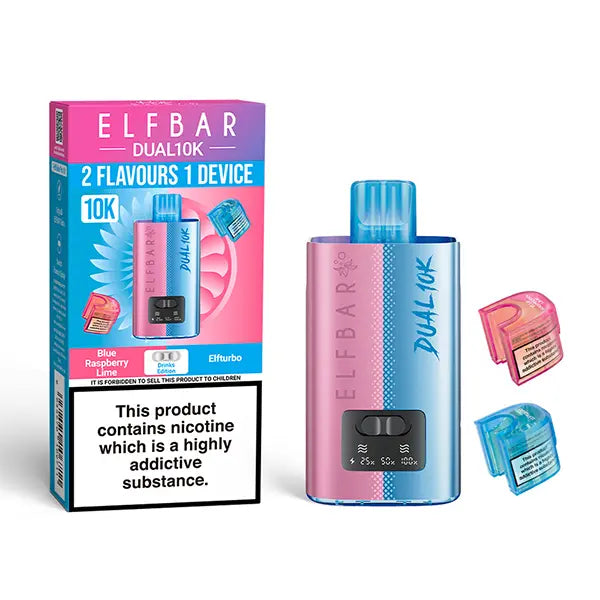 Elf Bar Dual 10K Disposable Kit with dual flavour options, showcasing device, Blue Raspberry Lime and Elfturbo pods, and packaging with nicotine warning.