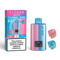 Elf Bar Dual 10K Disposable Kit with dual flavour options, showcasing device, Blue Raspberry Lime and Elfturbo pods, and packaging with nicotine warning.