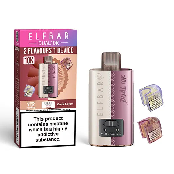 Elf Bar Dual 10K Disposable Kit with dual flavour options, showcasing device, Glazed Fruit Medley and Green Lokum pods, and packaging with nicotine warning.