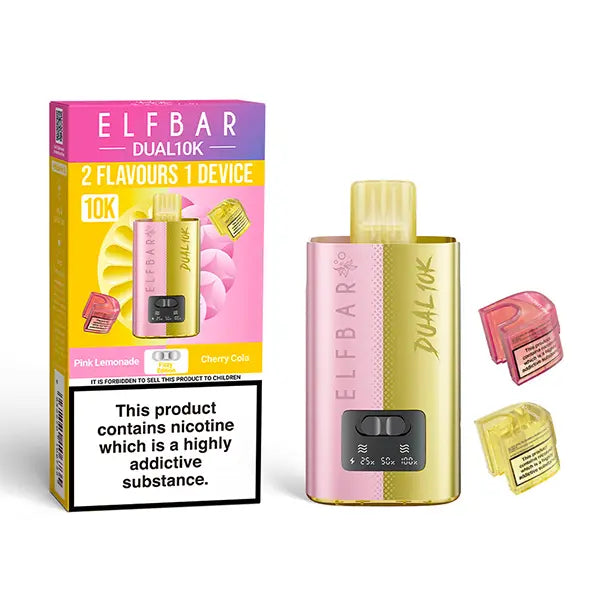 Elf Bar Dual 10K Disposable Kit with dual flavour options, showcasing device, Pink Lemonade and Cherry Cola pods, and packaging with nicotine warning.