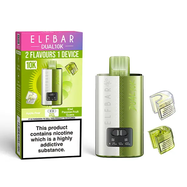 Elf Bar Dual 10K Disposable Kit with dual flavour options, showcasing device, Apple Pear and Kiwi Passion Fruit Guava pods, and packaging with nicotine warning.