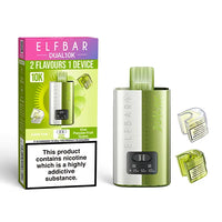 Elf Bar Dual 10K Disposable Kit with dual flavour options, showcasing device, Apple Pear and Kiwi Passion Fruit Guava pods, and packaging with nicotine warning.