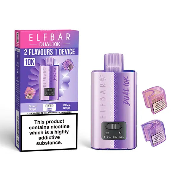 Elf Bar Dual 10K Disposable Kit with dual flavour options, showcasing device, Green Grape and Black Grape pods, and packaging with nicotine warning.