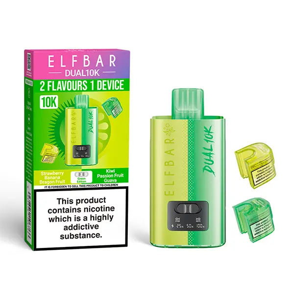 Elf Bar Dual 10K Disposable Kit with dual flavour options, showcasing device, Strawberry Banana Dragon Fruit and Kiwi Passion Fruit Guava pods, and packaging with nicotine warning.