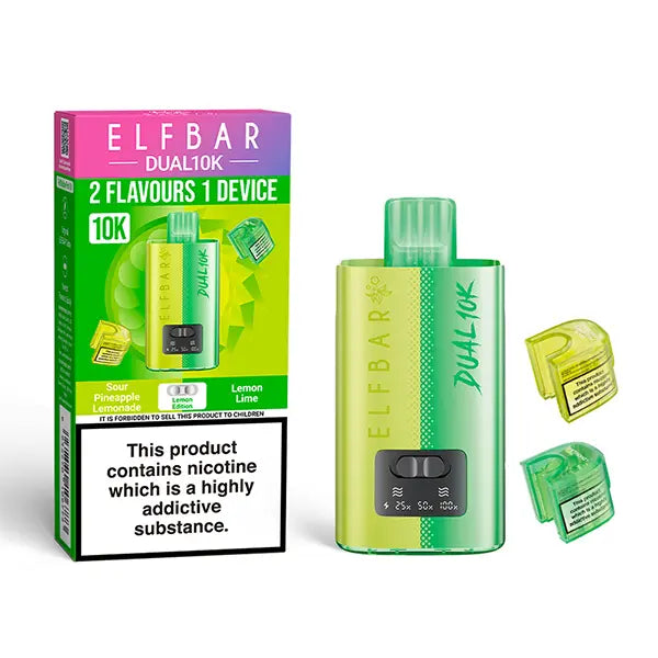 Elf Bar Dual 10K Disposable Kit with dual flavour options, showcasing device, Sour Pineapple Lemonade and Lemon Lime pods, and packaging with nicotine warning.