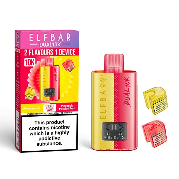 Elf Bar Dual 10K Disposable Kit with dual flavour options, showcasing device, Pineapple Ice and Pineapple Passion Fruit pods, and packaging with nicotine warning.