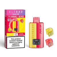 Elf Bar Dual 10K Disposable Kit with dual flavour options, showcasing device, Pineapple Ice and Pineapple Passion Fruit pods, and packaging with nicotine warning.