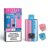 Elf Bar Dual 10K Disposable Kit with dual flavour options, showcasing device, Grape Mint and Fruit 66 pods, and packaging with nicotine warning.