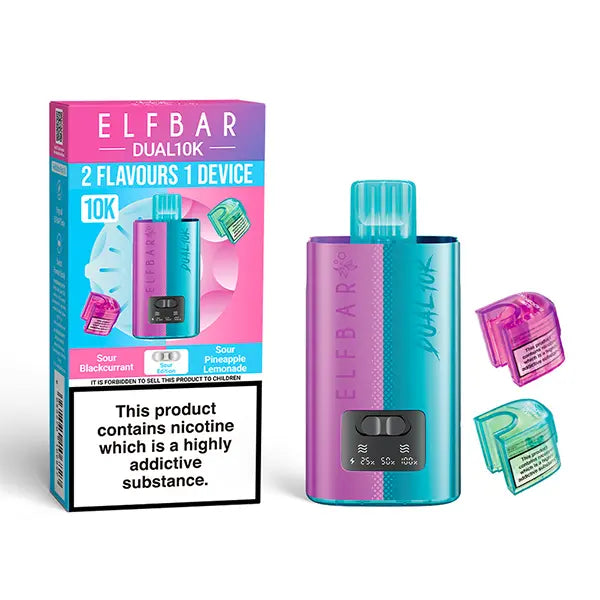 Elf Bar Dual 10K Disposable Kit with dual flavour options, showcasing device, Sour Blackcurrant and Sour Pineapple Lemonade pods, and packaging with nicotine warning.