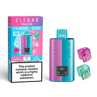 Elf Bar Dual 10K Disposable Kit with dual flavour options, showcasing device, Sour Blackcurrant and Sour Pineapple Lemonade pods, and packaging with nicotine warning.