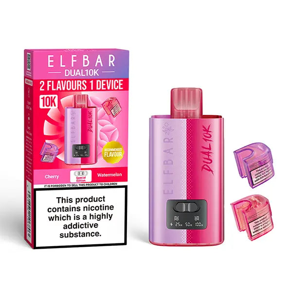 Elf Bar Dual 10K Disposable Kit with dual flavour options, showcasing device, Cherry and Watermelon pods, and packaging with nicotine warning.