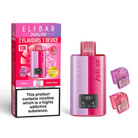 Elf Bar Dual 10K Disposable Kit with dual flavour options, showcasing device, Cherry and Watermelon pods, and packaging with nicotine warning.