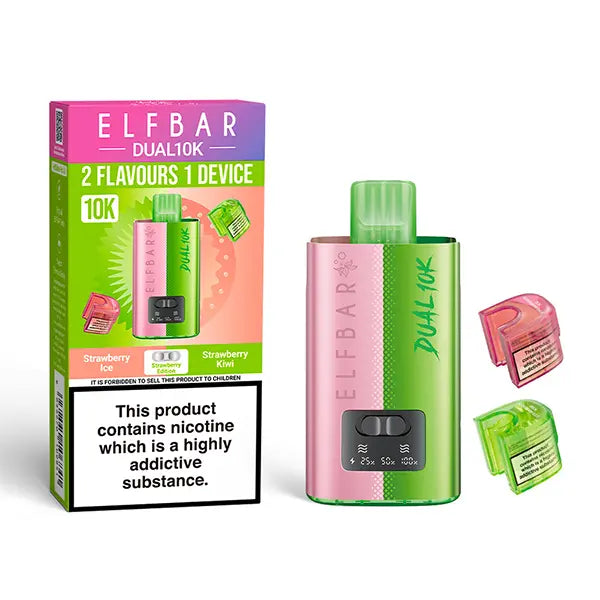 Elf Bar Dual 10K Disposable Kit with dual flavour options, showcasing device, Strawberry Ice and Strawberry Kiwi pods, and packaging with nicotine warning.