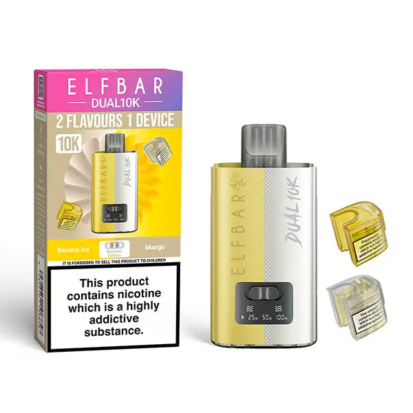 Elf Bar Dual 10K Disposable Kit with dual flavour options, showcasing device, Banana Ice and Mango pods, and packaging with nicotine warning.