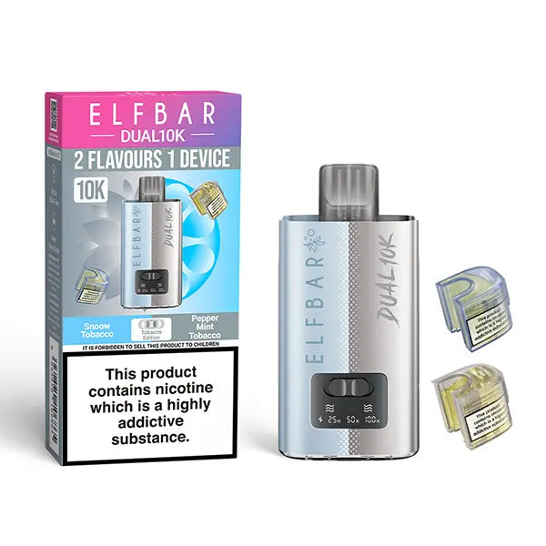 Elf Bar Dual 10K Disposable Kit with dual flavour options, showcasing device, Snoow Tobacco and Pepper Mint Tobacco, and packaging with nicotine warning.