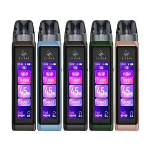 Elf Bar ELFX Ultra Vape Pod Kit in 5 different colours - Grey - Blue - Black - Green - Pink. Showing display with 45w max power and displaying other vaping stats